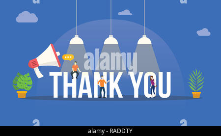 thank you big word with megaphone and team people around the text with lamp shine on top - vector Stock Photo