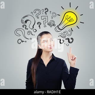 Girl ideas. Smart woman student with yellow lightbulb. Brainstorm, problem and solution concept Stock Photo