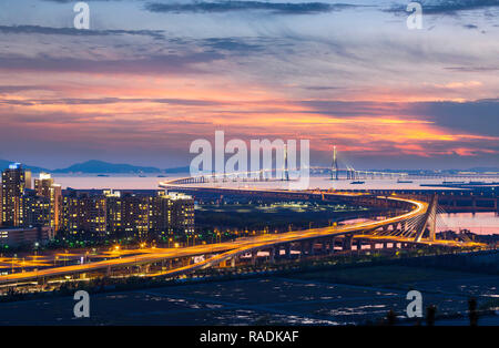 Incheon bridge at Sunset in Aerial view, South Korea. Stock Photo