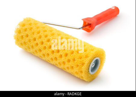 Isolated objects: yellow paint roller with orange handle on white background Stock Photo