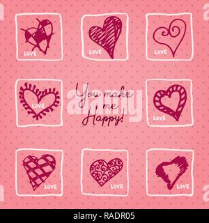 Valentines day card or invitation whit motivation text You make me Happy. Wedding concept Greeting card, poster, banner, design element. Love pink bac Stock Vector