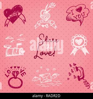 Valentines day card or invitation whit motivation text Share the Love. Wedding concept Greeting card, poster, banner, design element. Love pink backgr Stock Vector