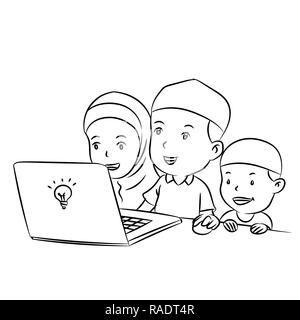 Muslim Kids watching desktop hand drawn for coloring book, education concept - Cartoon Vector Illustration Stock Vector