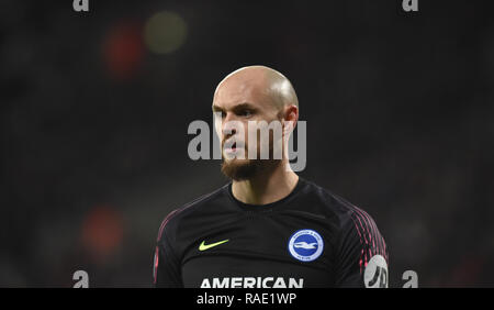 David Button of Brighton during the Premier League match between West Ham United and Brighton & Hove Albion at the London Stadium . 02 January 2019 Photograph taken by Simon Dack  Editorial use only. No merchandising. For Football images FA and Premier League restrictions apply inc. no internet/mobile usage without FAPL license - for details contact Football Dataco Stock Photo