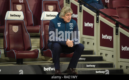 West Ham manager Manuel Pellegrini during the Premier League match between West Ham United and Brighton & Hove Albion at the London Stadium . 02 January 2019 Editorial use only. No merchandising. For Football images FA and Premier League restrictions apply inc. no internet/mobile usage without FAPL license - for details contact Football Dataco
