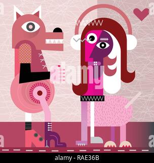 A man with a dog's head and a woman with a dog's body met in a room with gray walls. Modern fine art vector illustration. Couple of werewolves. Stock Vector