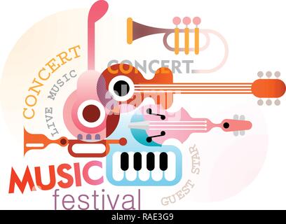 Music festival vector poster design on a white background. Art composition of musical instruments and text. Stock Vector