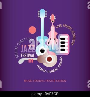 Jazz music festival vector poster design isolated on a deep purple background. Art composition of musical instruments and text. Stock Vector