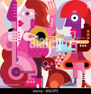 Musical female duet and brown cat vector illustration. Woman playing guitar, another woman playing trumpet, the big brown cat rubs against the legs. Stock Vector