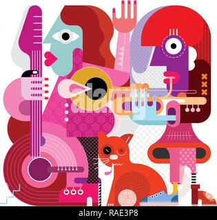 Two female musicians and one orange cat vector illustration isolated on a white background. One woman playing guitar, another woman playing trumpet, t Stock Vector