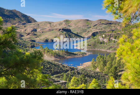 Gran Canaria, December,view from a hiking path in Inagua strict nature reserve towards freshwater reservoir Presa de Las Ninas Stock Photo