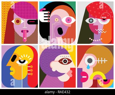 Six Portraits modern art vector illustration. Composition of six ...
