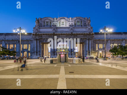 View of Milan Central Station at dusk, Milan, Lombardy, Italy, Europe Stock Photo