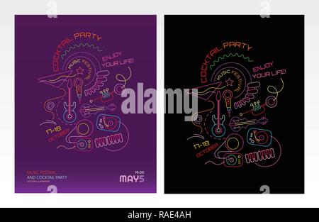 Two Options Of Music Festival Poster Design Vector Illustration With Musical Instruments And Text On A Black And On A Deep Violet Backgrounds Stock Vector Image Art Alamy