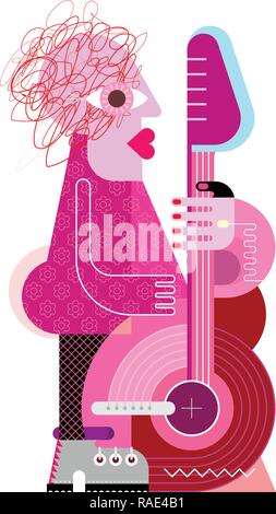 Colorful isolated on a white background Woman playing the guitar vector illustration. Stock Vector