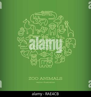 White outline icons isolated on a green background Zoo Animals round shape vector illustration. Stock Vector