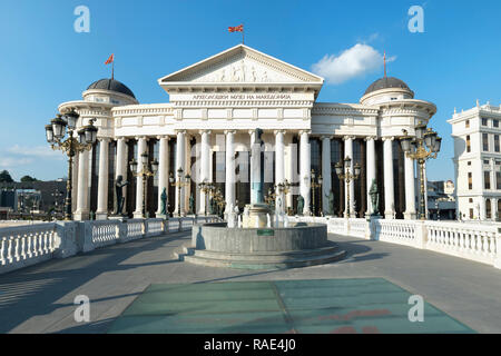 Archaeological Museum of Macedonia along the Vardar River and Eye Bridge, Skopje, Macedonia, Europe Stock Photo