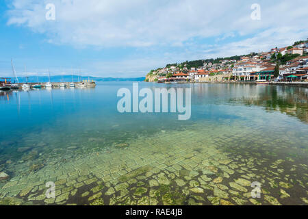 Ohrid old city reflected in the marina, Ohrid, UNESCO World Heritage Site, Macedonia, Europe Stock Photo