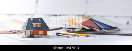 architect designer workplace with tools on the table in office Stock Photo