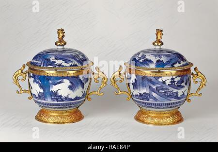 Pair of Lidded Bowls, Mounts attributed to Wolfgang Howzer (Swiss, active 1660 - about 1688), Arita, Japan, porcelain reimagined Stock Photo