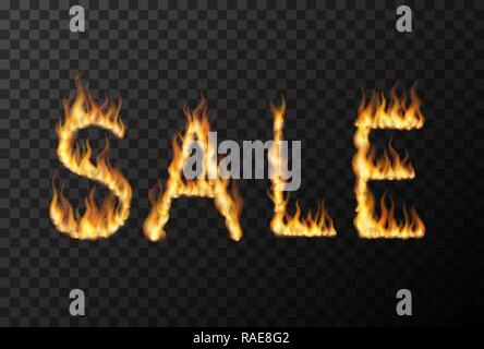 Hot SALE phrase made from bright realistic fire flames on transparent background Stock Vector