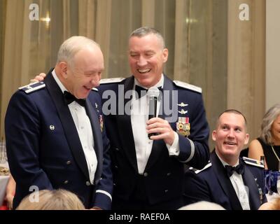 Retired Col. Jack Anthony, 1st Space Operations Squadron commander from July 1996 – July 1998, laughs with Maj. Gen. Burke E. Wilson, Deputy Principal Cyber Advisor to the Secretary of Defense and Senior Military Advisor for Cyber, Office of the Under Secretary of Defense for Policy, Office of the Secretary of Defense, the Pentagon, Washington, D.C. during the squadron’s 25th anniversary celebration at The Mining Exchange, in Colorado Springs, Colorado, Friday, Jan. 27, 2017. Wilson was the 1 SOPS commander from July 2002 – July 2003. The former commanders recalled their prior service together Stock Photo