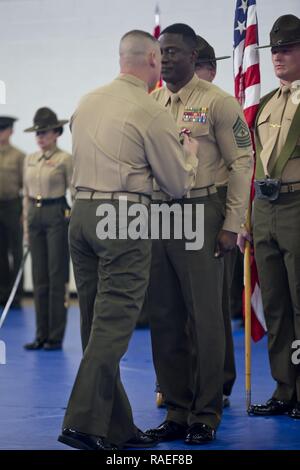 U.S. Marine Corps Lt. Col. Tracy Perry, left, commanding officer of Support Battalion (SPT BN), Recruit Training Regiment (RTR), Marine Corps Recruit Depot (MCRD) San Diego, presents the Meritorious Service Medal to Sgt. Maj. Adebola O. Osinowo, offgoing sergeant major of SPT BN, RTR, MCRD San Diego, at MCRD San Diego, Calif., Jan. 20, 2017. The medal was presented to Osinowo, who relinquished his post as SPT BN sergeant major to Sgt. Maj. Gerardo C. Ybarra, during a relief and appointment ceremony. Stock Photo