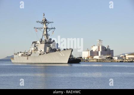 USS Howard (DDG 83) arrives to Port Hueneme Jan. 30 for a combat and weapon systems groom by Naval Surface Warfare Center Port Hueneme Division subject matter experts. Stock Photo