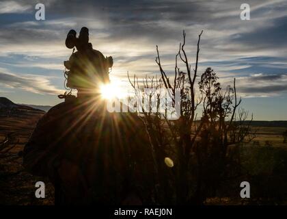 A Green Beret assigned to 10th Special Forces Group (Airborne) provides over-watch security during small unit tactic training on Jan. 18, 2017 at Fort Carson, Colorado. Small unit tactics helps build trust and confidence between teammates as they train for contingency operations around the world. Stock Photo