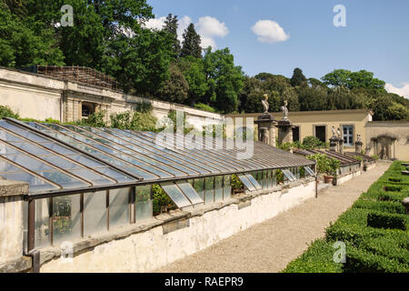 Greenhouses in the formal Renaissance gardens of the Medici Villa di Castello (Villa Reale), Sesto Fiorentino, Florence, Italy. Stock Photo