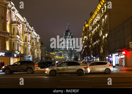 MOSCOW, RUSSIA - DECEMBER 09, 2018: Christmas and New Year holidays illumination and Traffic of cars in Moscow city center (Tverskaya Street near the  Stock Photo