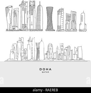 Doha Qatar skyscaper set. Hand-drawn vector illustration. Famous travel destinations series. Stock Vector