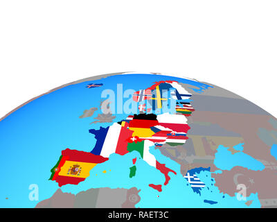 Schengen Area members with national flags on political globe. 3D illustration. Stock Photo