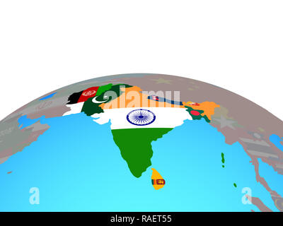 SAARC memeber states with national flags on political globe. 3D illustration. Stock Photo