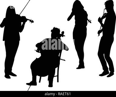 three girls and a boy playing the violin and a girl playing cello Stock Vector