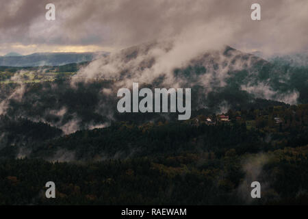 Deadpan dark misty rainy morning landscape with the sand rocky montains in Czech Saxon Switzerland in autumn colors. Stock Photo