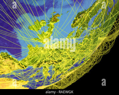 Western Europe from space on planet Earth with country borders and international connections representing travel, communication. 3D illustration. Elem Stock Photo