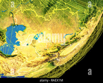 Central Asia from space on planet Earth with country borders and international connections representing travel, communication. 3D illustration. Elemen Stock Photo