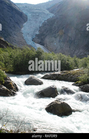 River rapids in front of the Briksdal Glacier (Olden, Norway) Stock Photo