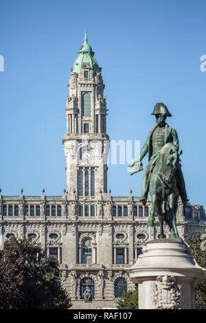 Porto / Portugal - 10/06/2018: View at the city council building and Dom Pedro IV statue on blurred plan Stock Photo