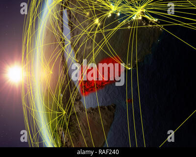 Yemen from space on model of Earth during sunset with international network. Concept of digital communication or travel. 3D illustration. Elements of  Stock Photo