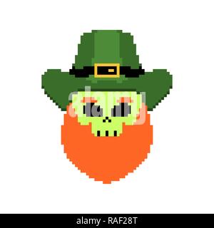 Skull of Leprechaun pixel art. Skeleton head with beard. Holiday of Ireland. St.Patrick 's Day. Traditional Irish holiday. Stock Vector