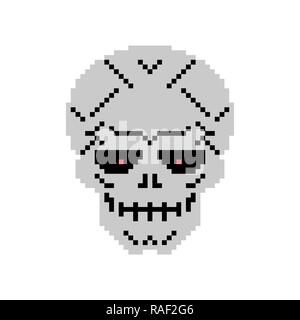 Metal skull pixel art. Iron head skeleton 8 bit Stock Vector