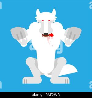 Angry White Wolf attack isolated. Snow Werewolf Predator beast Standing on hind legs. wildlife vector illustration Stock Vector