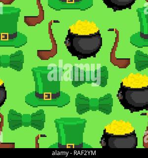 St.Patrick 's Day pattern seamless. Background pixel art 8 bit. leprechaun hat and pot of gold. Holiday of Ireland. Traditional Irish holiday. Stock Vector