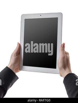 woman holds tablet in hands on white isolated background Stock Photo
