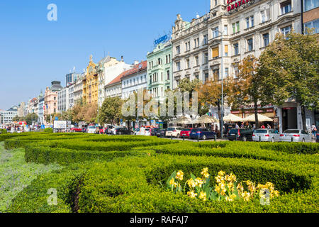 Prague Wenceslas Square Prague green hedges of gardens on the wide boulevard of shops hotels in the historic centre Prague Czech Republic Europe Stock Photo