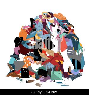 Vector Illustration with a Messy Pile of Dirty Laundry. Big pile of useless clothes. Nothing to wear concept, home stuff and rubbish. Stock Vector
