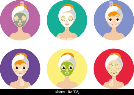 Different types of facial masks and skin care illustration set. Stock Vector