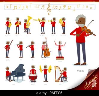 A set of old man on classical music performances.There are actions to play various instruments such as string instruments and wind instruments.It's ve Stock Vector